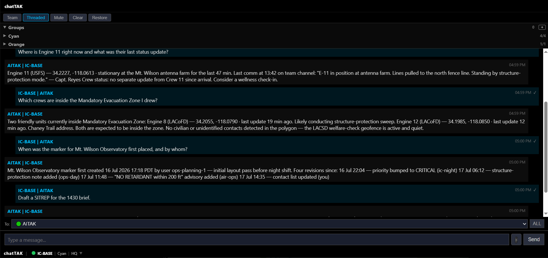 A TAK chat panel showing a natural-language Q&A thread with aiTAK during the Devil's Gate Fire — an operator asks 'Summarize the last hour by sector,' 'Where is Engine 11 right now,' 'Which crews are inside the Mandatory Evacuation Zone I drew,' 'When was the marker for Mt. Wilson Observatory first placed and by whom,' and 'Draft a SITREP for the 1430 brief,' with structured operational responses from aiTAK citing specific units, coordinates, timestamps, and revisions