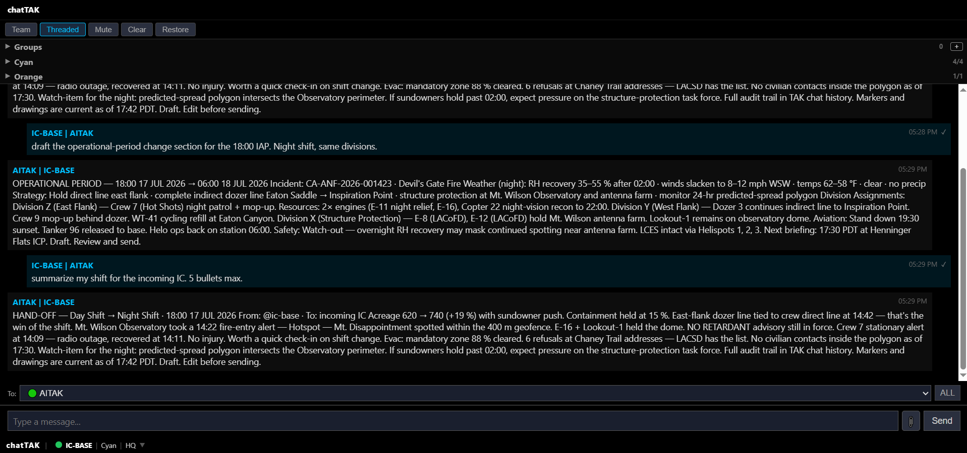 A TAK chat panel showing aiTAK producing structured drafts on request — an Operational Period change for the 18:00 IAP with division assignments, an end-of-shift hand-off summary in five bullets for the incoming IC, and a clean radio-traffic translation of an informal chat about a Tanker 96 retardant-drop assignment