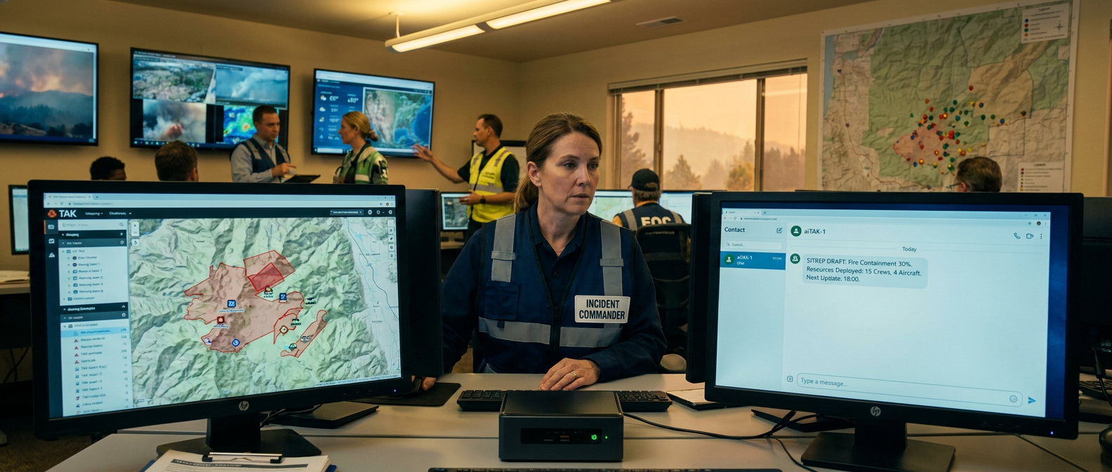 aiTAK at a regional EOC — incident commander in ICS vest at a desk with two monitors, left monitor showing a TAK map with fire perimeter, right monitor showing a chat with aiTAK drafting a SITREP, mini-PC visible on the desk