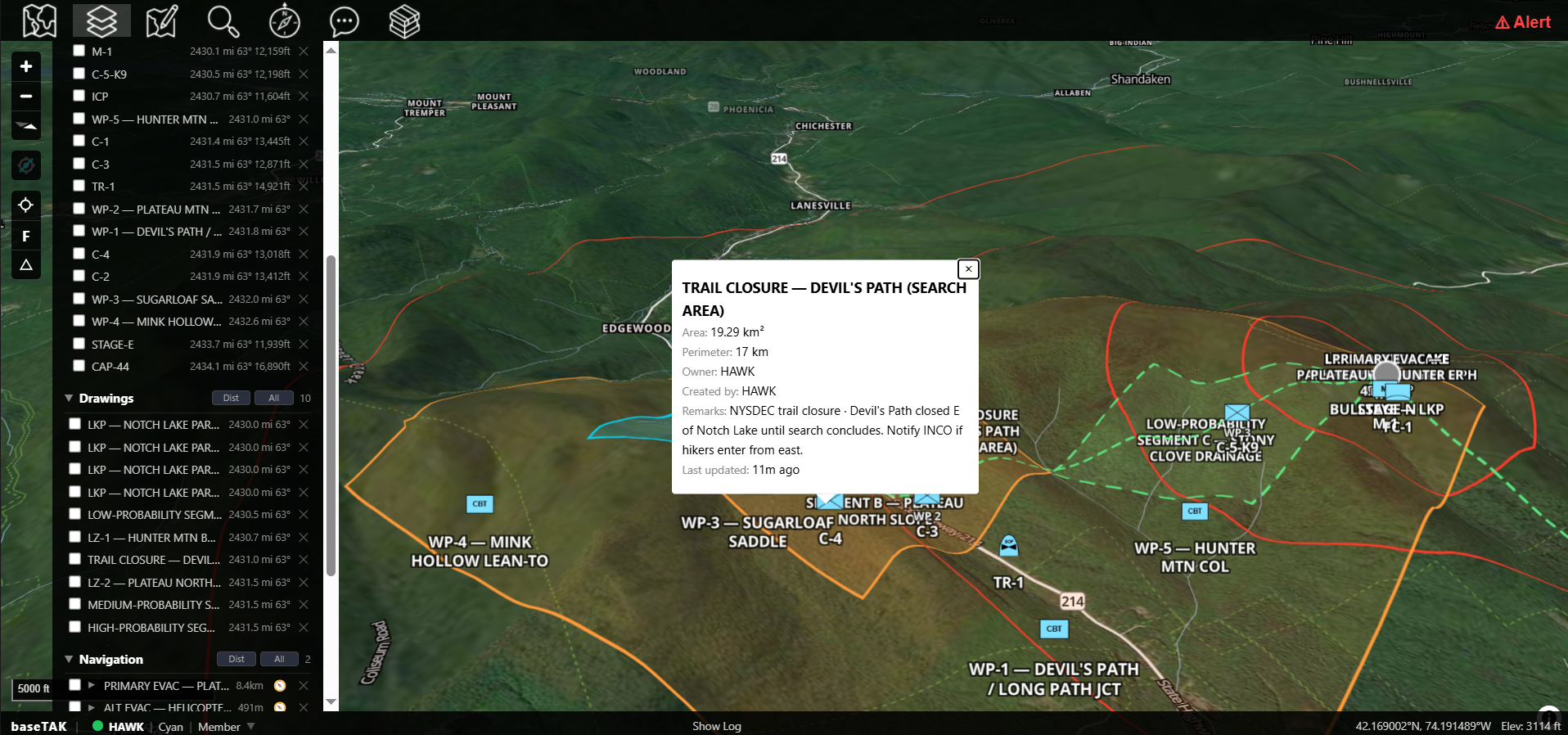 A baseTAK browser view of a Catskills search-and-rescue scenario: 3D terrain basemap with high-, medium- and low-probability search polygons, a 'TRAIL CLOSURE — DEVIL'S PATH' callout, marker pins for crews and waypoints, and a left rail listing the Drawings and Markers panes