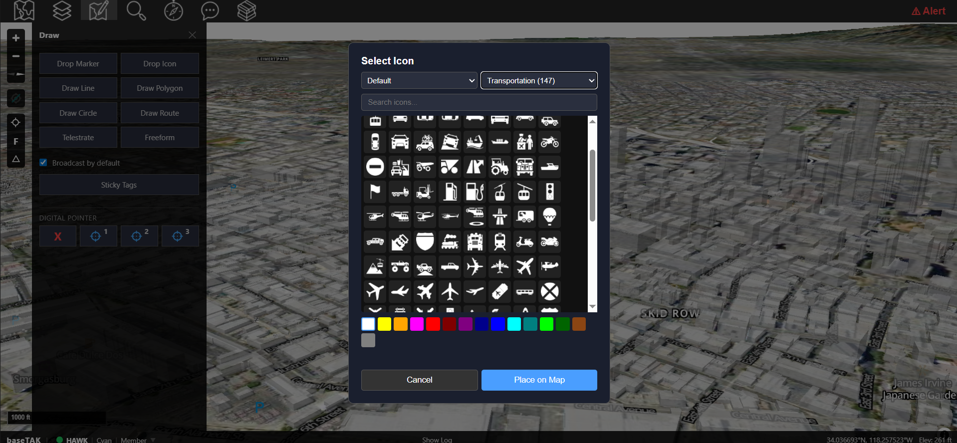 The baseTAK 'Select Icon' panel open over the map: a grid of curated transportation symbols with a color picker row below, a Drawings pane on the left, and a 'Place on Map' button — illustrating the two-click marker workflow