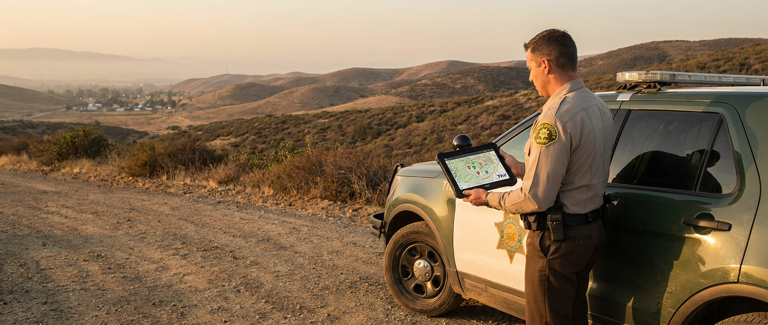 Sheriff's deputy in uniform standing beside his patrol vehicle on a backcountry road, holding up a rugged Android tablet displaying a TAK topographic map served from baseTAK at the EOC, golden-hour light over a valley