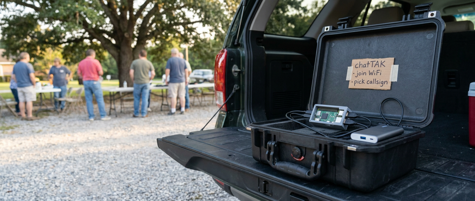 A black Pelican case open on the dropped tailgate of a parked SUV, holding a small Linux appliance in a 3D-printed case wired to a USB power bank, with a handwritten label reading 'chatTAK · join WiFi · pick callsign' and a community gathering visible in the background