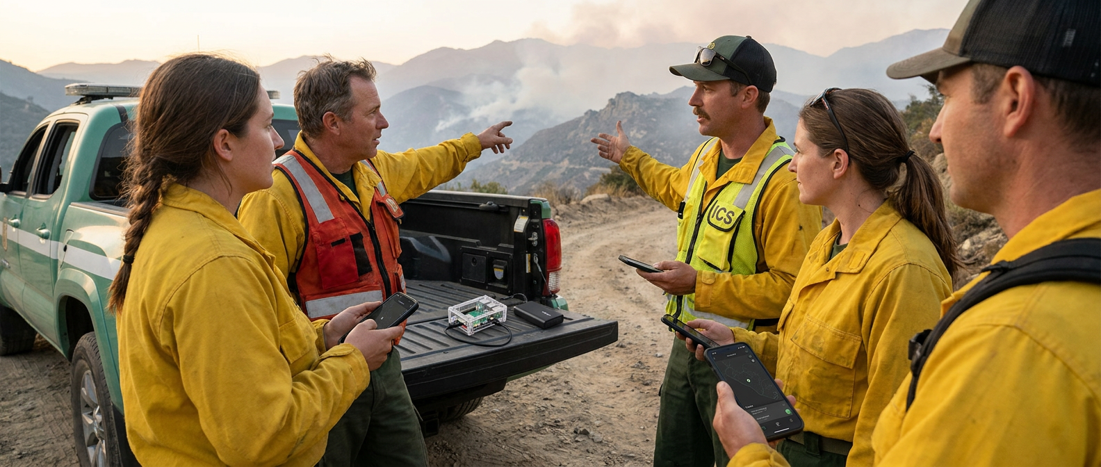 A four-person wildland-fire command element in yellow Nomex gear gathered around the dropped tailgate of a Forest Service truck on a fire road, conversing while consulting their personal smartphones, with a palm-sized appliance visible on the tailgate