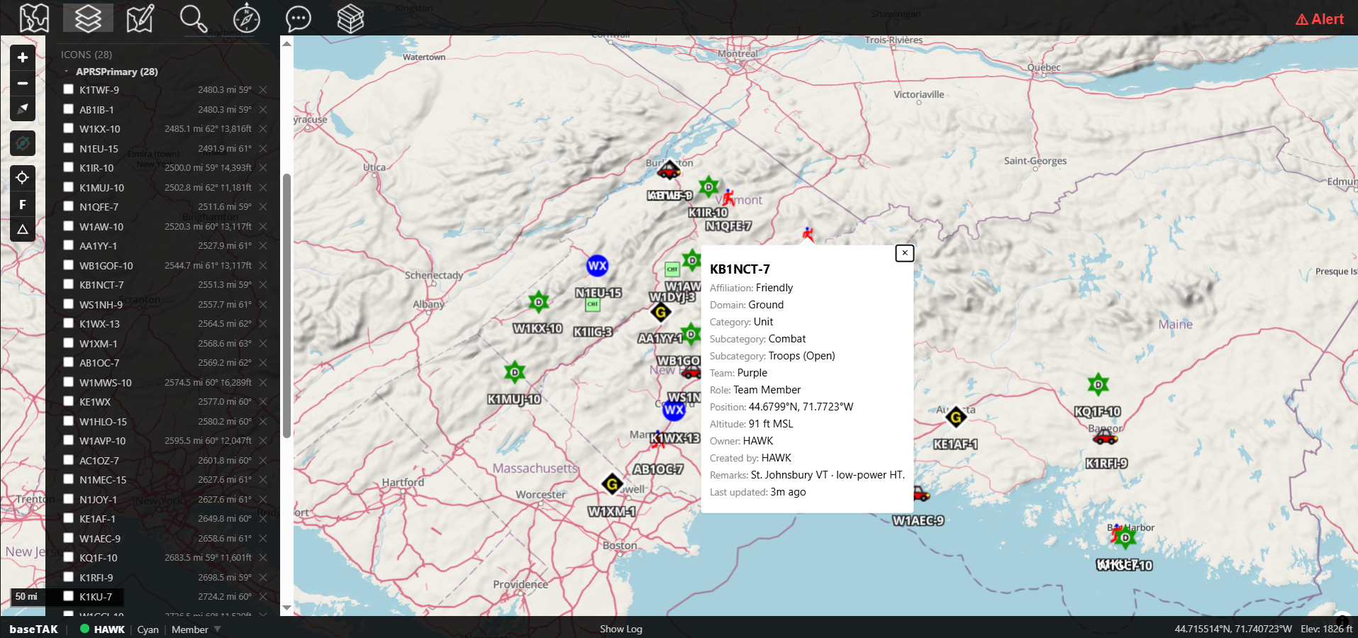 A baseTAK terrain view of Northern New England with 30 APRS station contacts pulled in via digiTAK — mountaintop digipeaters, weather beacons, vehicle and HT trackers across VT, NH, and ME — with a marker info card open for KB1NCT-7 (low-power HT in St. Johnsbury VT) and a left rail listing every callsign
