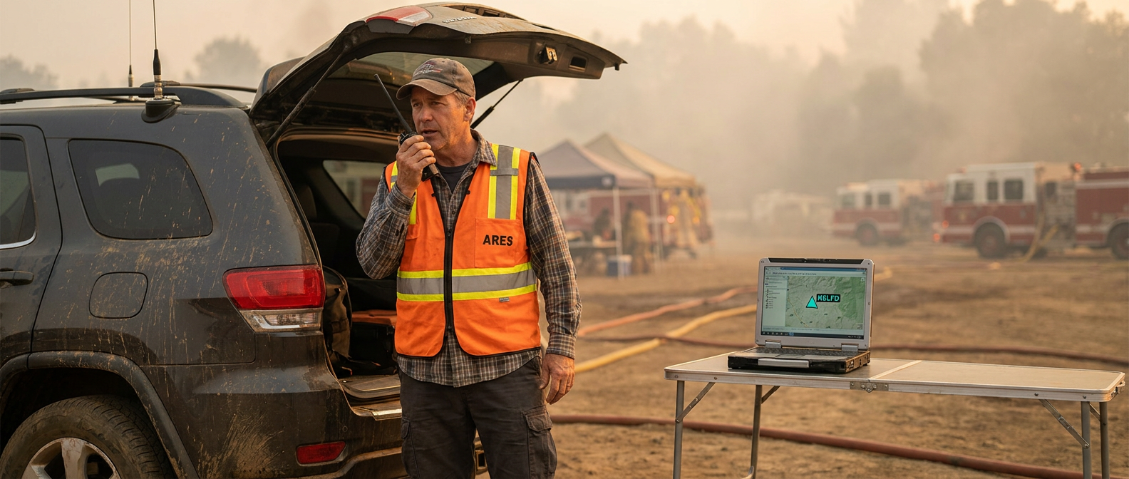 A licensed amateur radio operator in an ARES vest at the back of his SUV at a fire-staging area, holding an APRS-capable handheld radio with map display, fire trucks visible in background, TAK laptop on a folding table