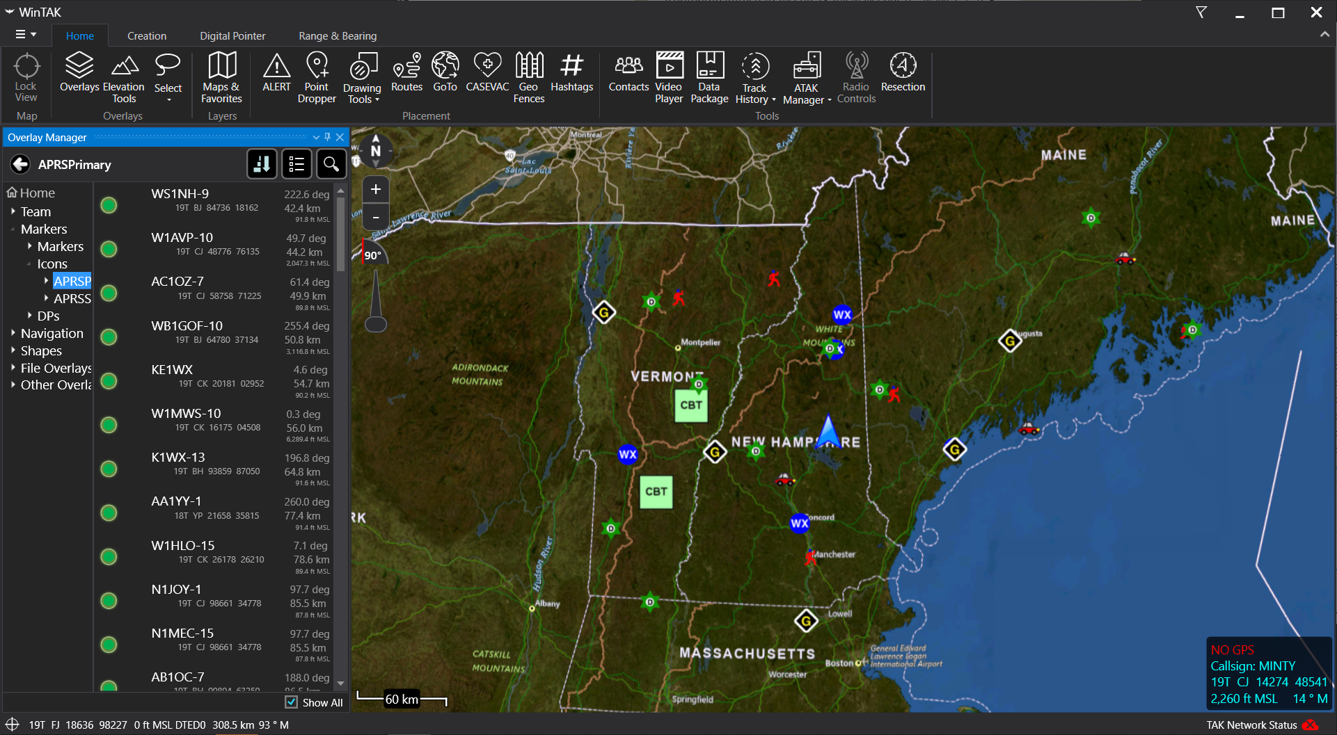 WinTAK on a Windows desktop showing APRS station contacts pulled in via digiTAK — Northern New England rendered on the TAK basemap with mountaintop digipeaters and weather beacons visible across VT, NH, and ME, and the Overlay Manager pane open on the left listing every APRSPrimary callsign