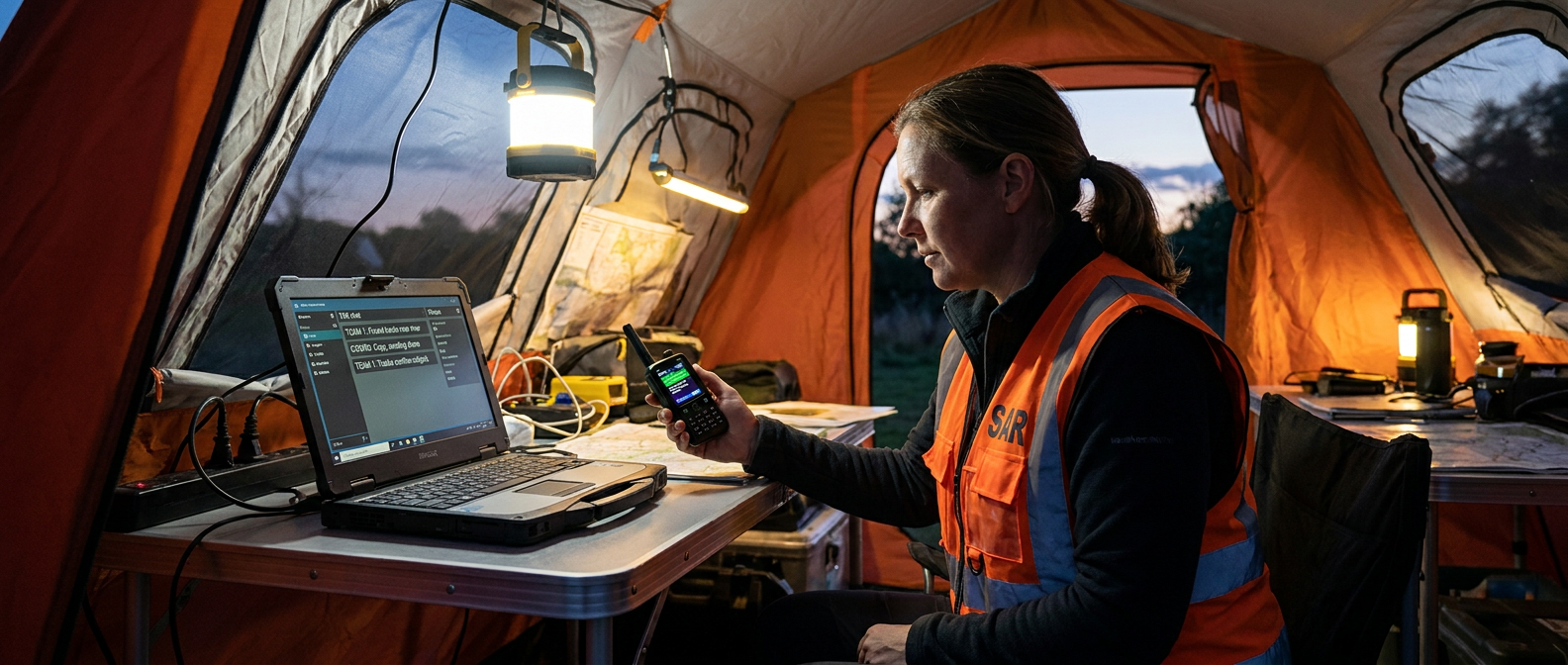 A SAR coordinator in an orange vest seated inside a base-camp pop-up tent, lit by overhead LED work light, working on a rugged Windows laptop showing a TAK chat panel and holding a Meshtastic handheld device displaying the mirrored chat thread