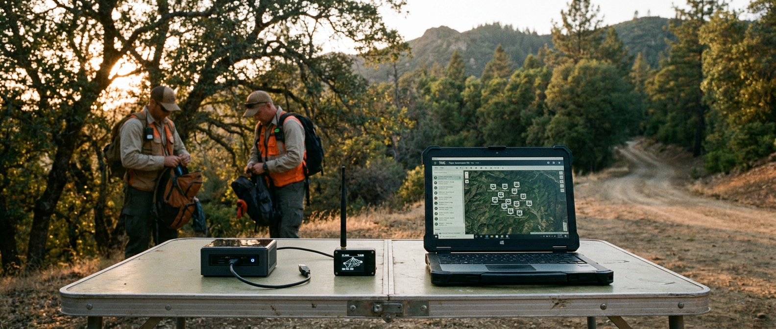 loraTAK at a SAR base camp — folding table at a forest trailhead with an appliance running loraTAK, Meshtastic radio, and a rugged laptop showing every team's mesh node as a TAK contact