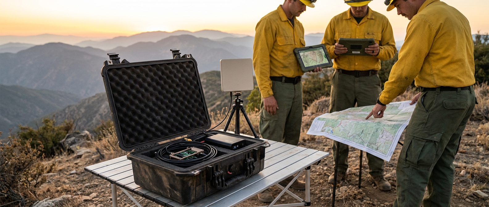 Wildland firefighters at a forward staging area on a mountain ridge — open Pelican case holding an appliance-based netTAK on a folding table, two firefighters consulting rugged tablets, a third referencing a paper map, golden-hour mountain backdrop