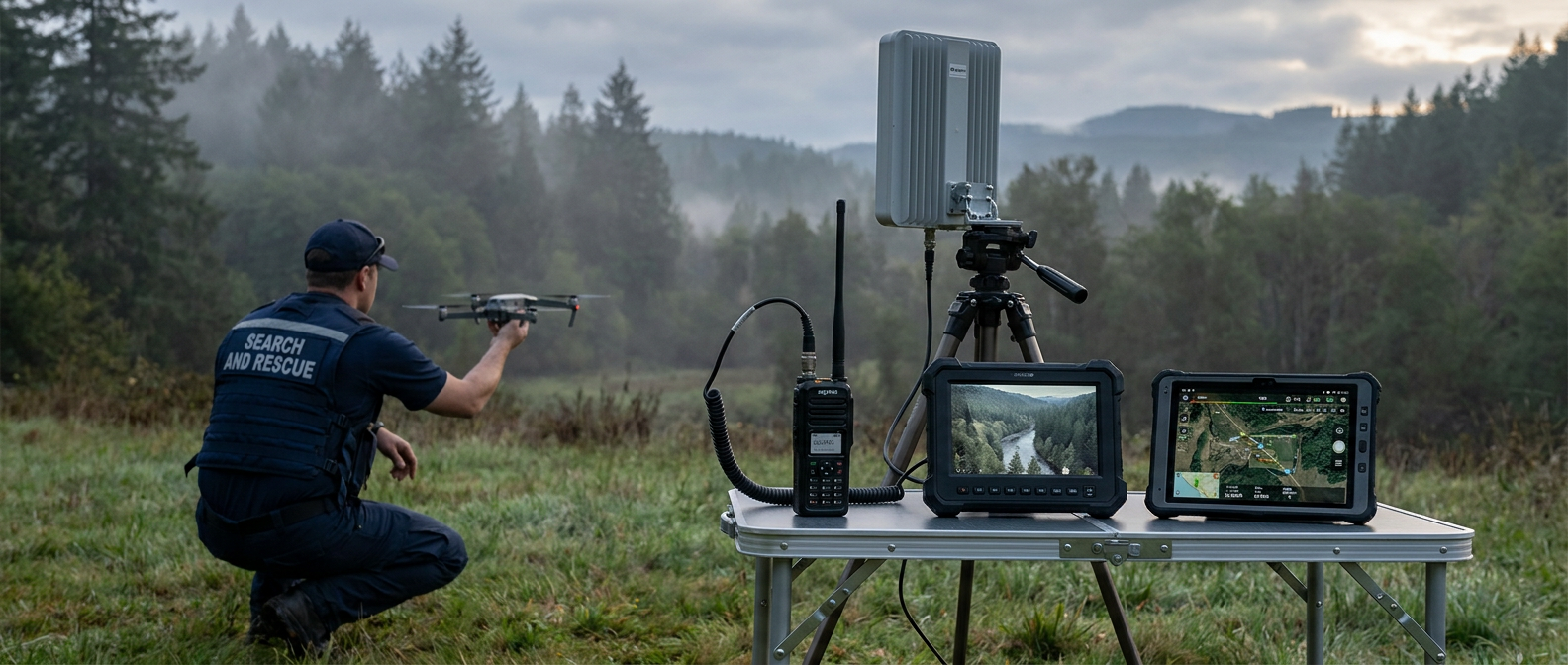 A Search and Rescue operator in a navy SAR vest launching a civilian drone from a clearing; a netTAK device on a folding table with cables routed to a small panel antenna; a rugged tablet displaying overlay data