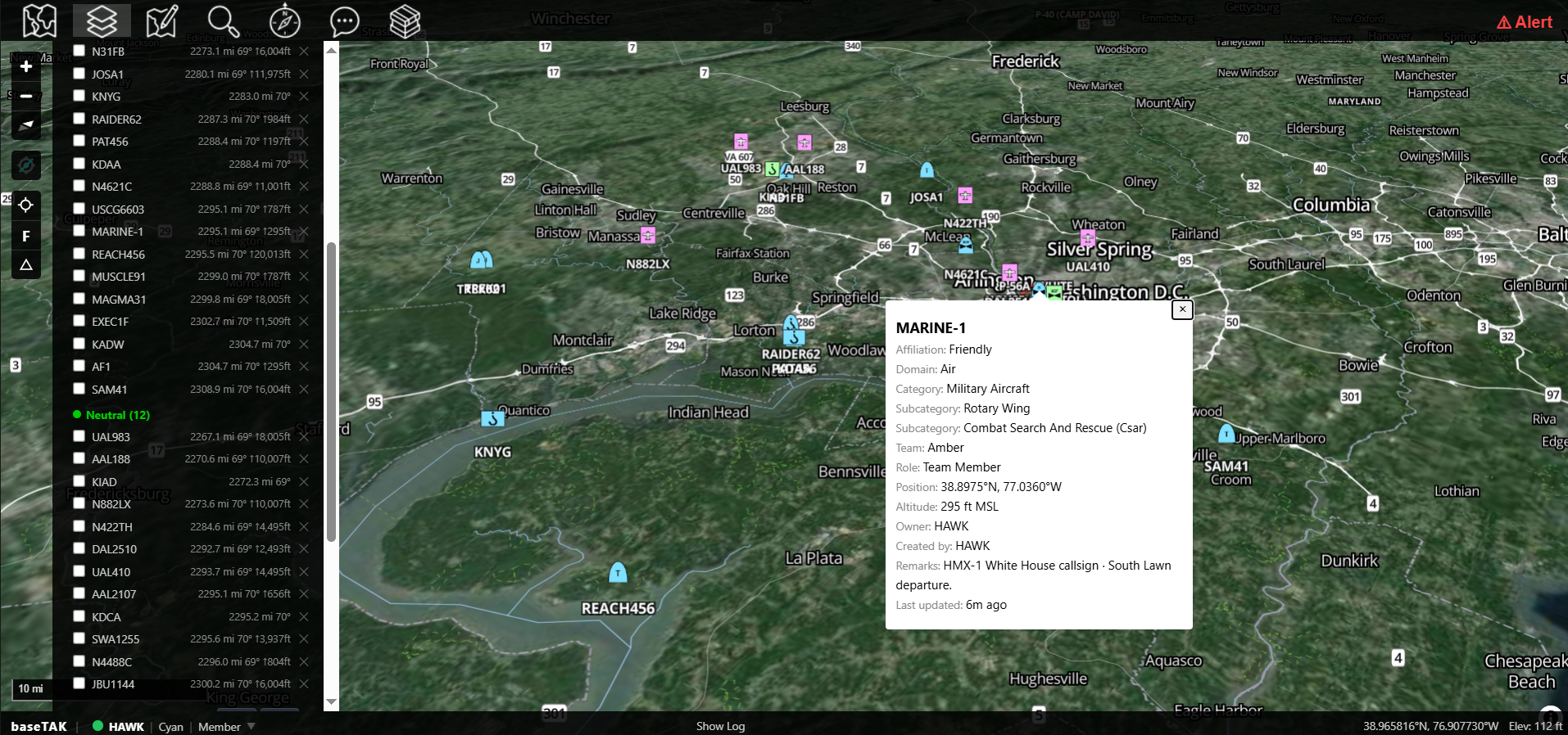 A baseTAK 3D satellite view of the National Capital Region: civilian airliner contacts rendered in muted neutral symbology while military and government aircraft — MARINE-1, REACH456, RAIDER62, TREK01, SAM41, MAGMA31 — are highlighted with friendly affiliation symbology, with a marker info card open for MARINE-1