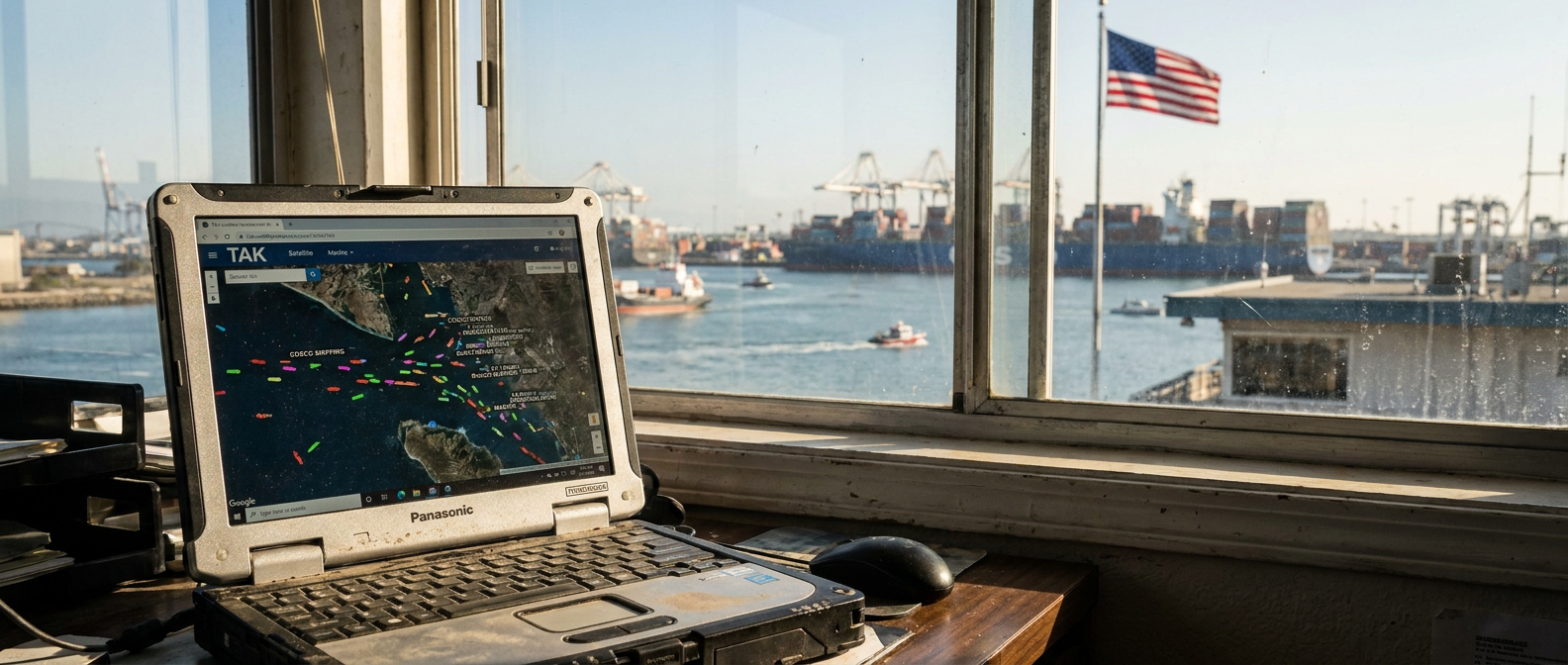 A rugged Windows laptop on a desk in a harbormaster's office, screen showing a TAK satellite map with AIS ship contacts marked across a busy California port. Through the window: real container ships, cranes, and a U.S. flag