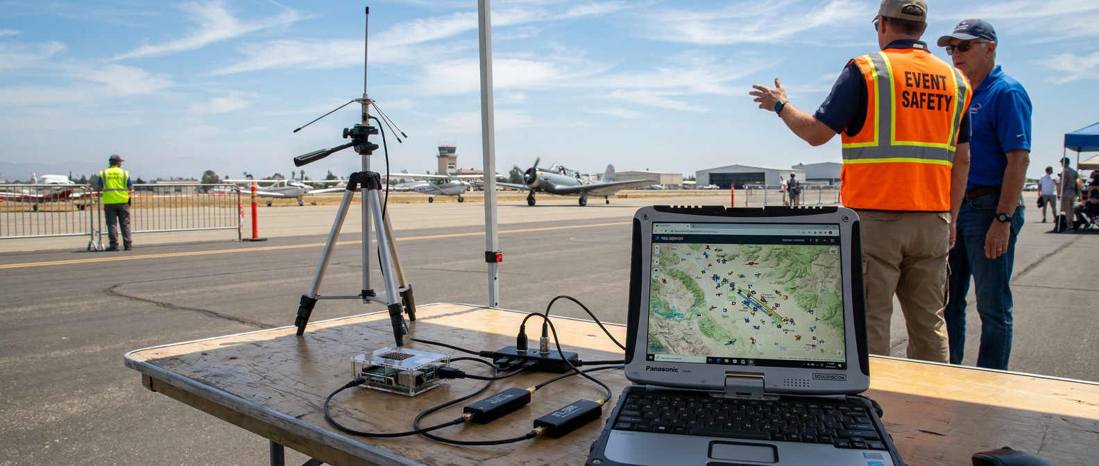 sdrTAK at an airshow safety operations table — appliance with RTL-SDR dongles, antenna on a tripod, laptop showing aircraft contacts on a TAK map, two safety officers in 'Event Safety' vests at the airport ramp