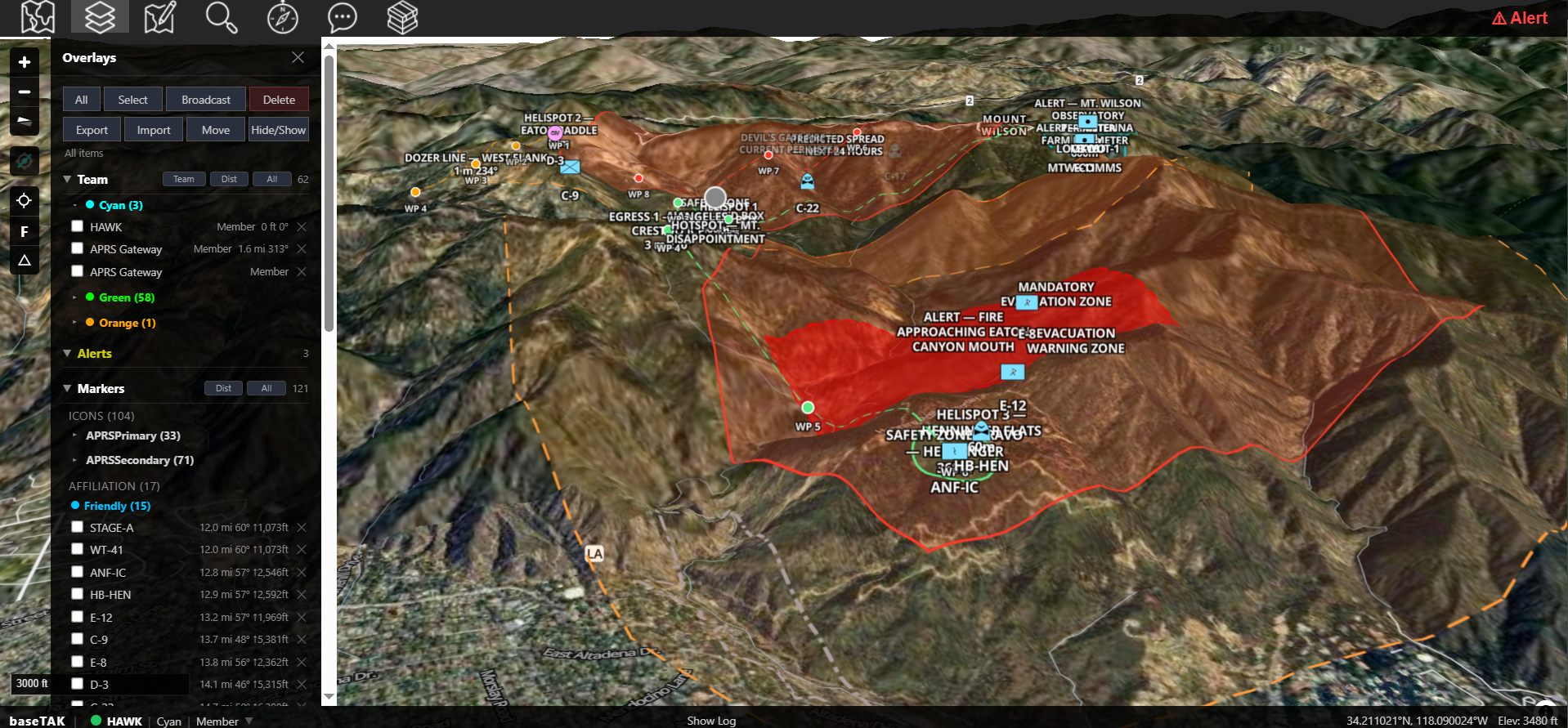 baseTAK rendering the Devil's Gate Fire — 3D satellite terrain showing fire perimeter, hotspots, units, helicopter, and labeled zones across the San Gabriel Mountains