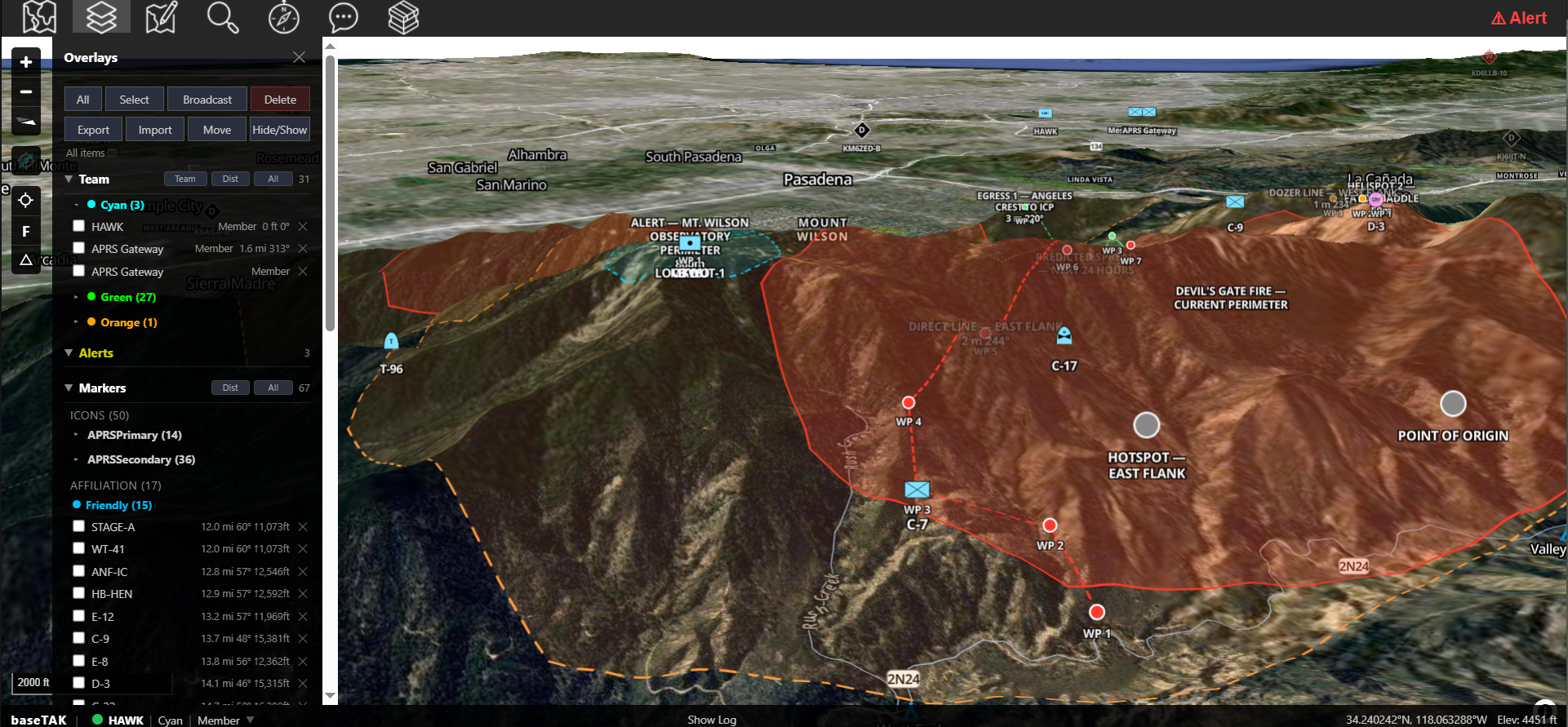 baseTAK overhead view of the Devil's Gate Fire incident — fire perimeter, mandatory and warning evacuation zones, geofence alerts firing as the fire approaches Eaton Canyon mouth